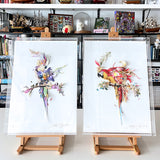 Botanical Harry Gin Bird II – Red & Gold - 3D Artwork - Kristjana S Williams Studio