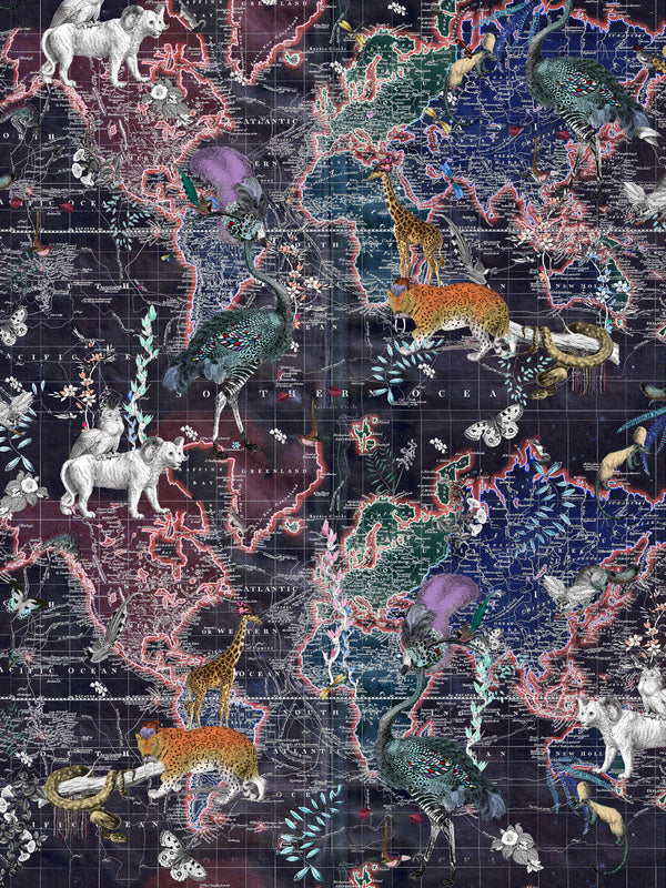World Map Animal Dark Wall Mural - Kristjana S Williams Studio
