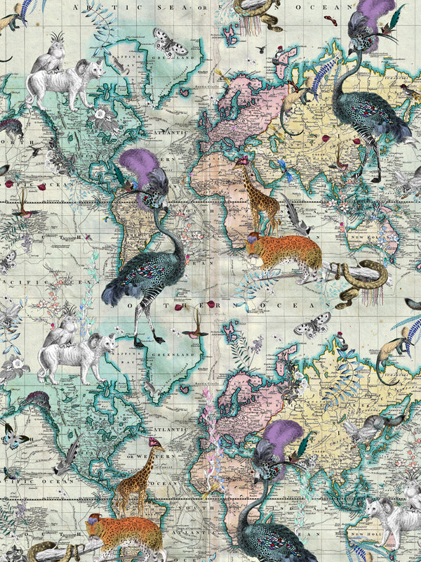 World Map Animal Light Wall Mural - Kristjana S Williams Studio
