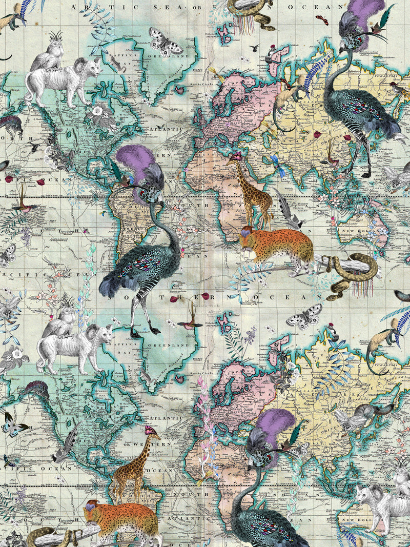 World Map Animal Light Wall Mural - Kristjana S Williams Studio